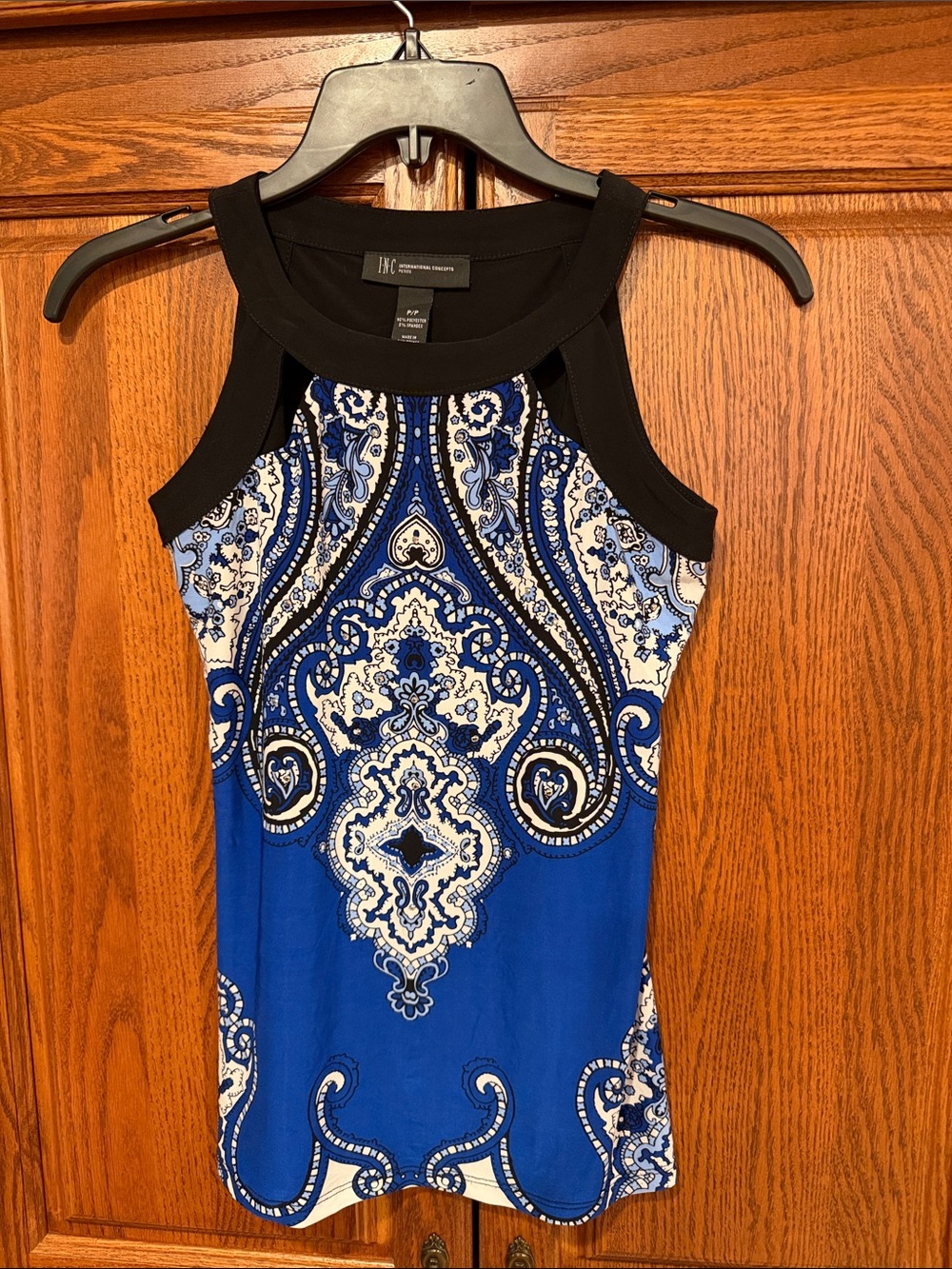 INC International Concepts Blue Paisley Graphic Tank with Black Trim